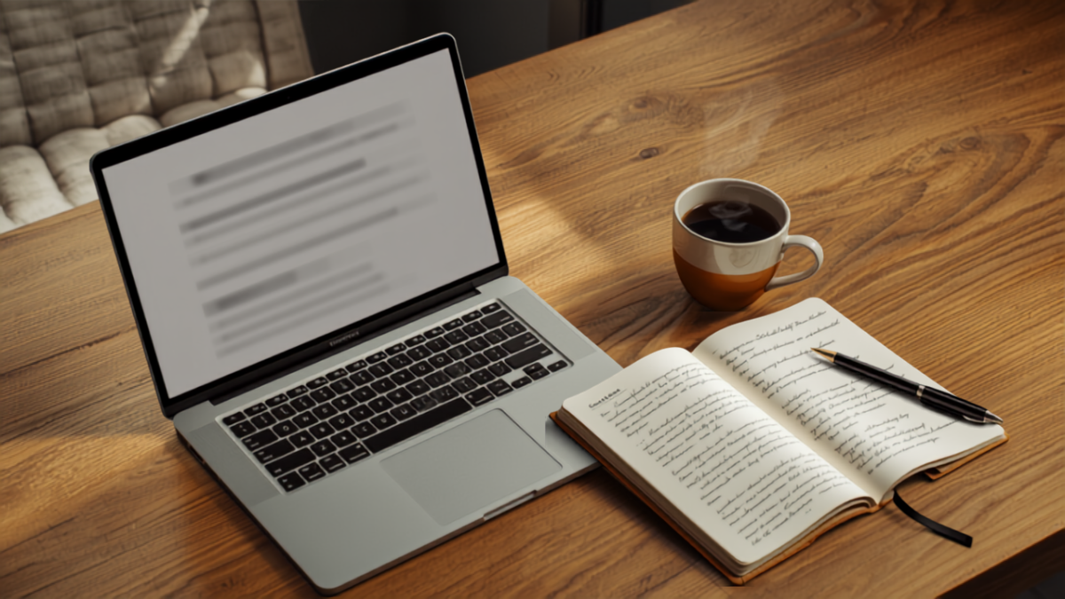 Laptop and handwritten notebook on a wooden desk with coffee, set up for content writing and SEO planning