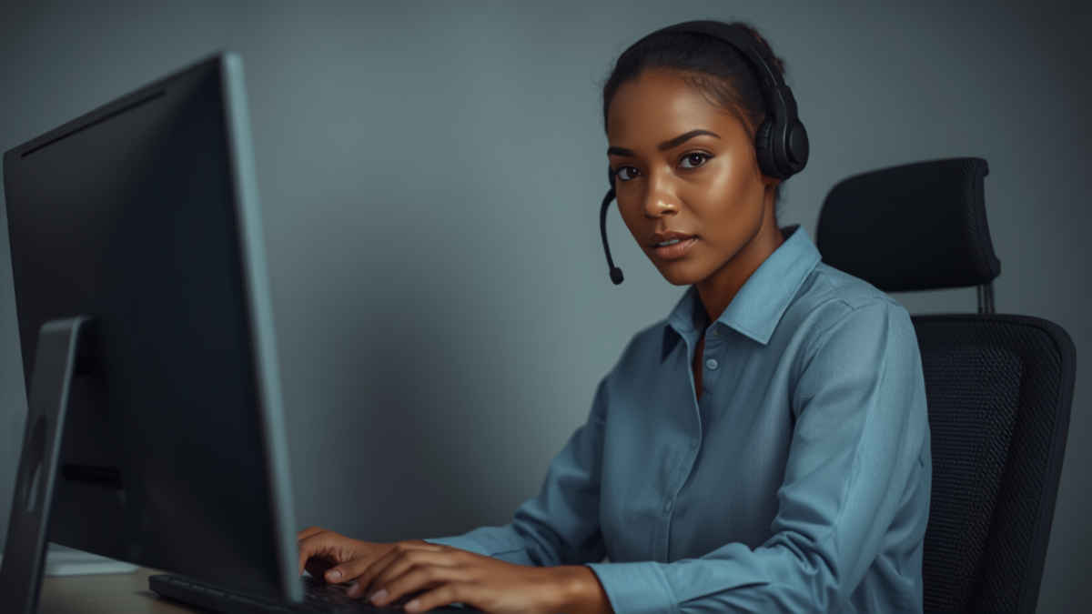 Customer service representative wearing a headset answering calls at a desk in a professional office