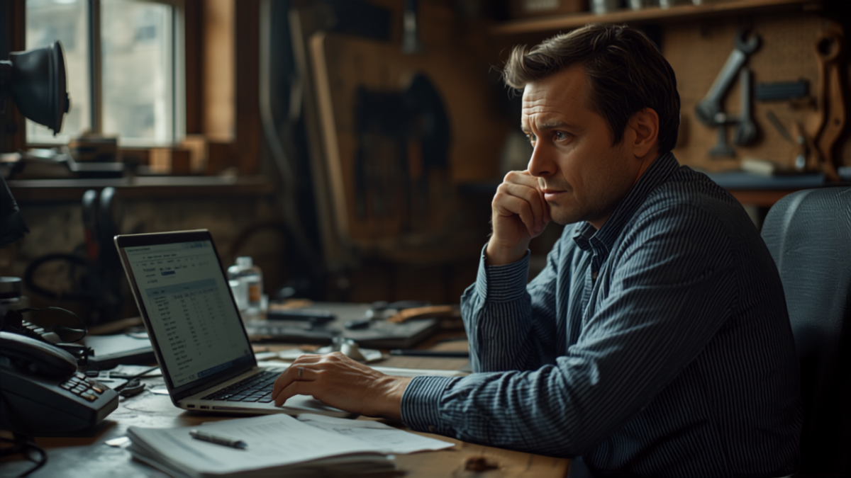 Small business owner reviewing phone system costs on a laptop at a cluttered workshop office desk