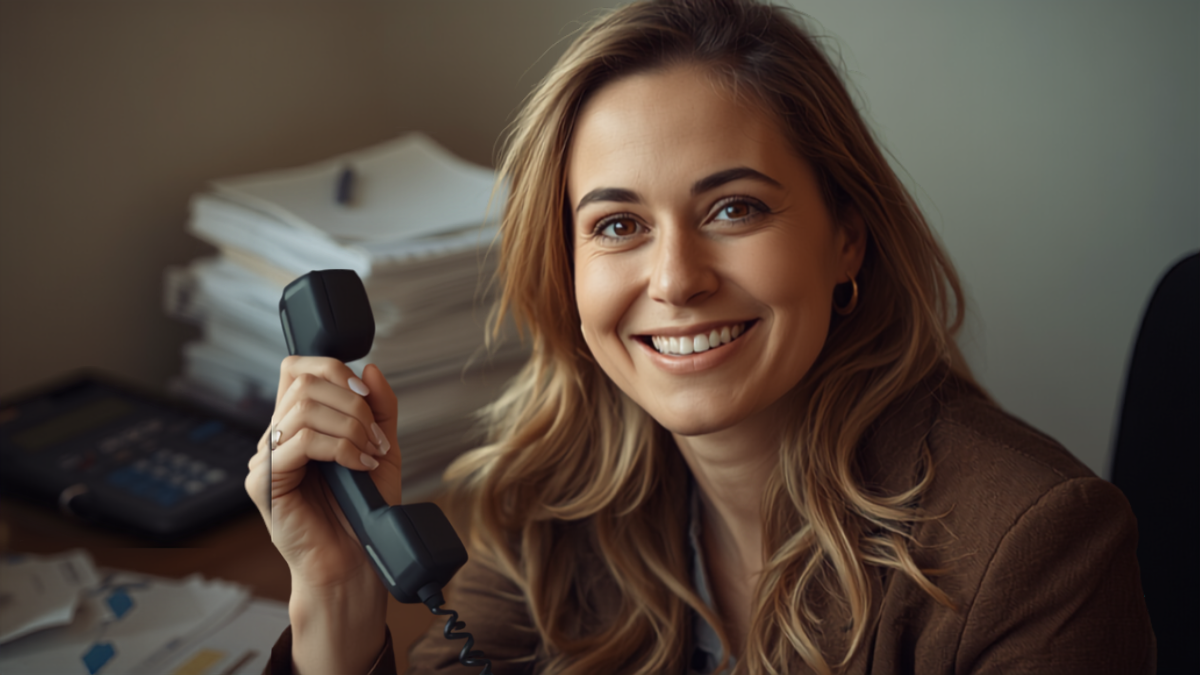 Small business owner smiling while answering a phone call from a customer at her office desk