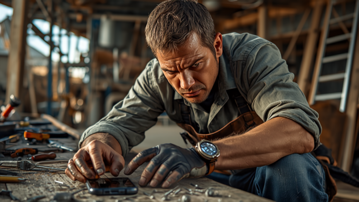 Service technician focused on work at a job site, phone sitting unnoticed on the workbench beside him