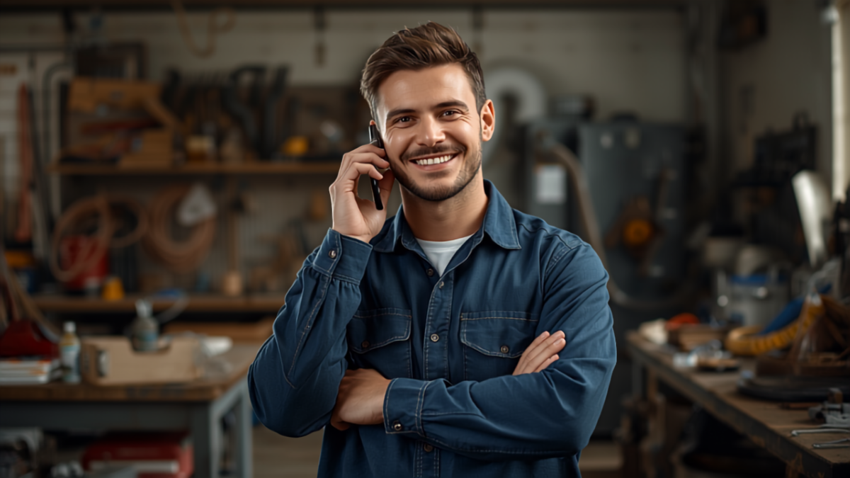 Service business owner smiling while answering a phone call in a workshop