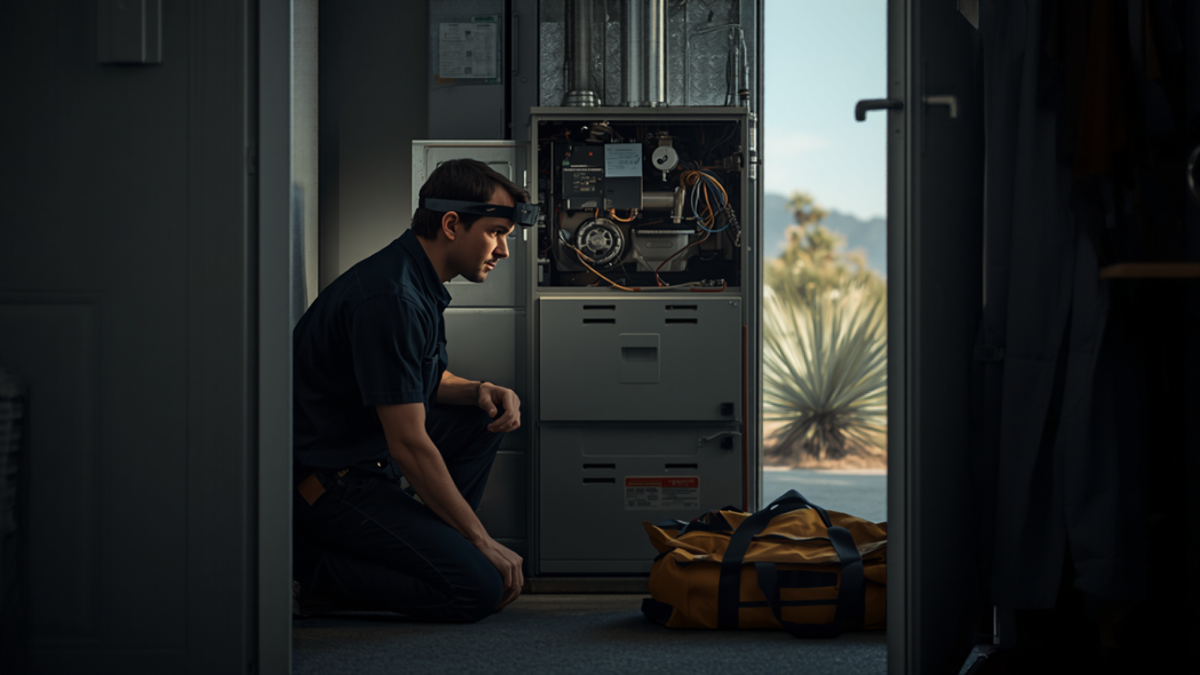 An HVAC technician wearing a headlamp kneels beside an open gas furnace in a home utility closet, with desert plants visible through the doorway.