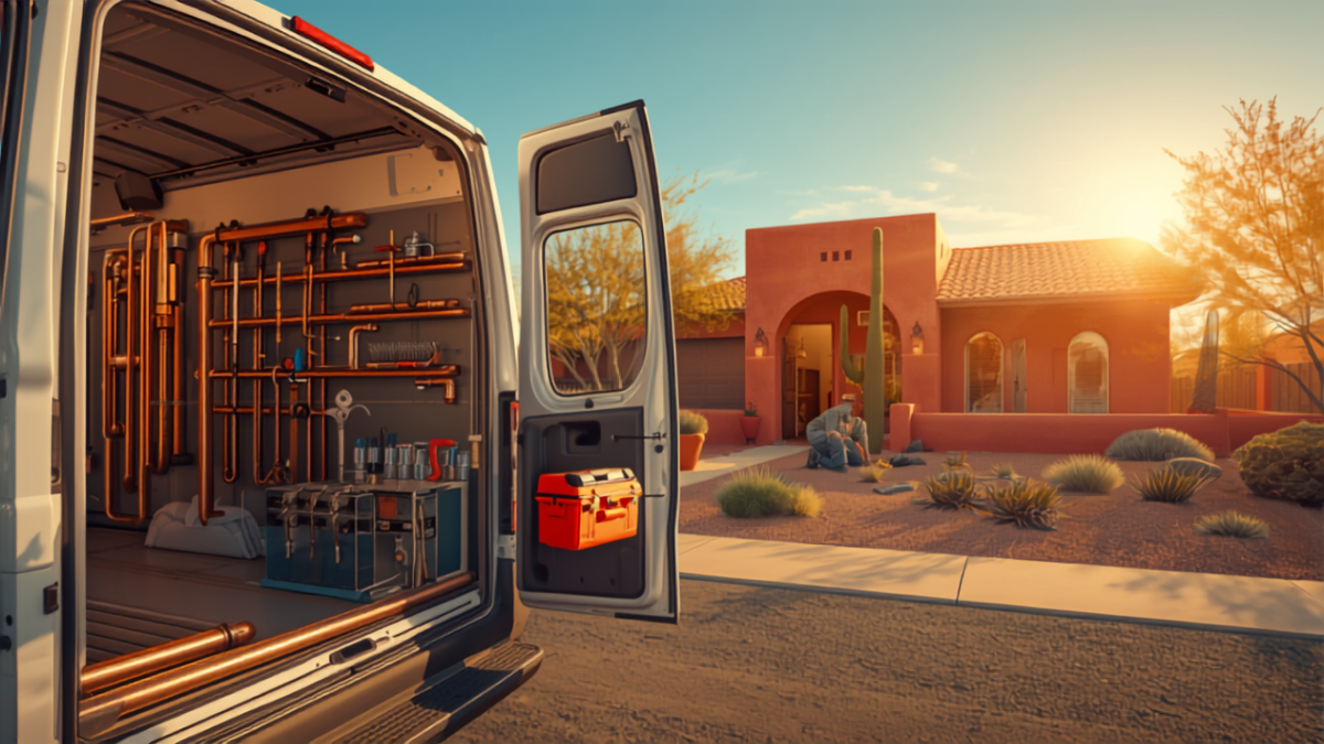 Plumber work van with organized copper pipes and tools parked outside a desert-style Arizona home