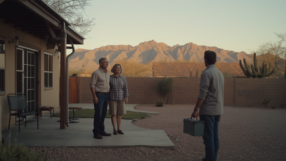 A retired couple stands on the patio of their desert home greeting a handyman carrying a toolbox, with saguaro cactus and the Superstition Mountains glowing at dawn behind them.