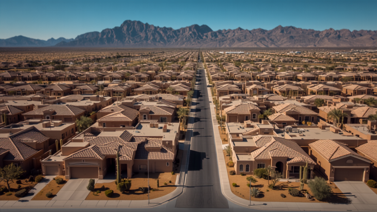 Aerial view of a fast-growing Arizona desert suburb with rows of new stucco homes, desert landscaping, and mountains in the distance