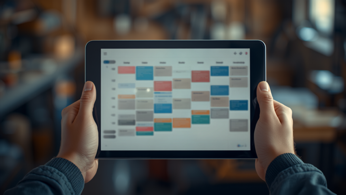 Service business owner holding a tablet displaying a color-coded weekly appointment calendar in a workshop setting