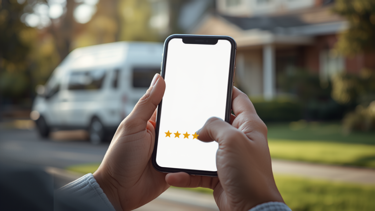 Customer leaving a five-star rating on a smartphone outside a home after a service appointment, with a service van in the background