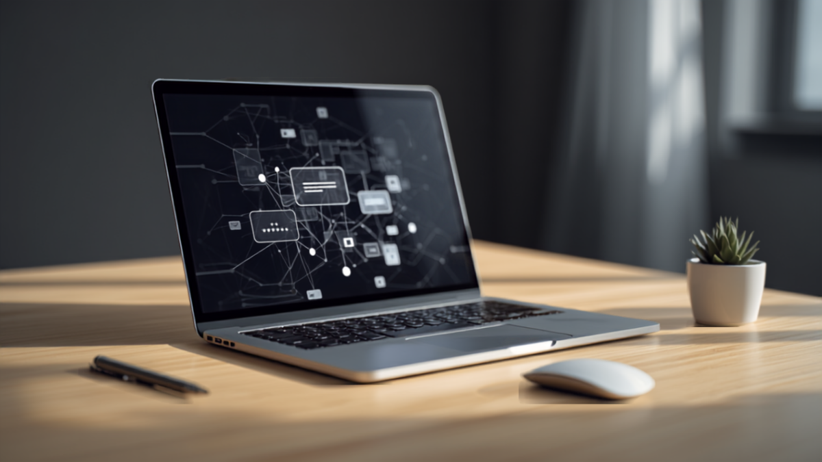 Laptop on a desk displaying an abstract automated messaging workflow with connected nodes and message bubbles