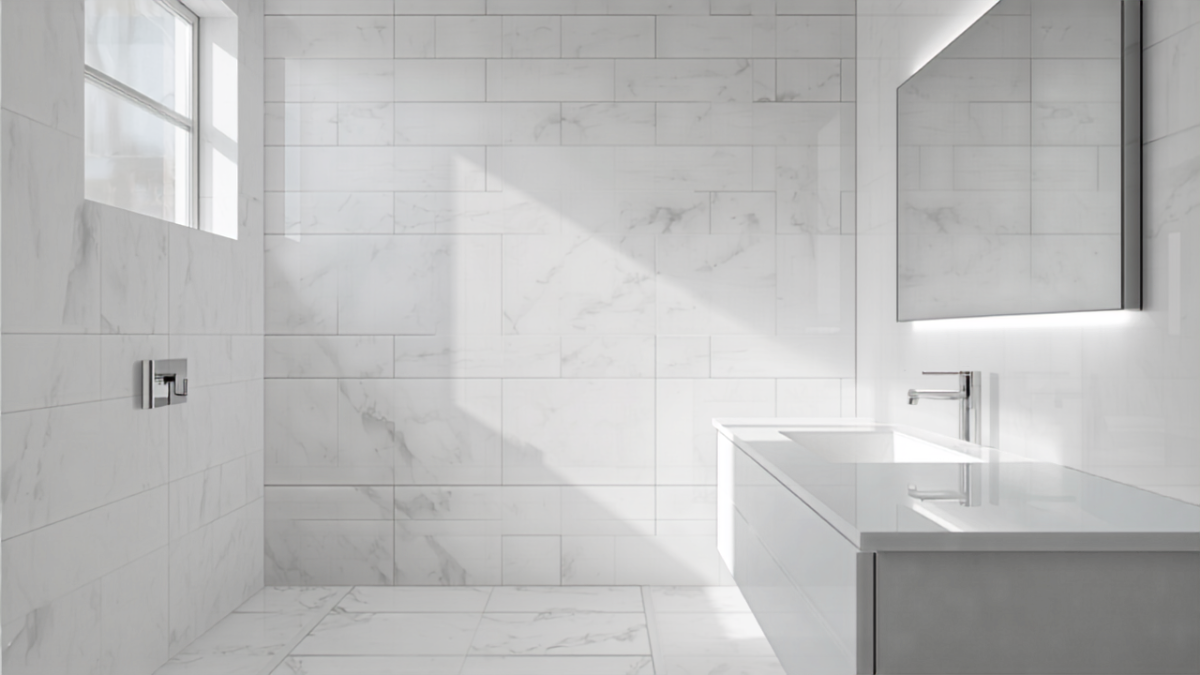 Bright, modern white marble-tiled bathroom with a walk-in shower, floating vanity, and backlit mirror