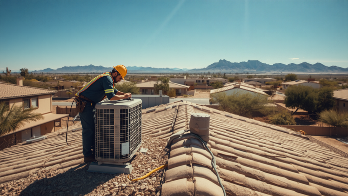 HVAC technician servicing a rooftop air conditioning unit on a tile-roof home in an Arizona desert town with mountains in the distance