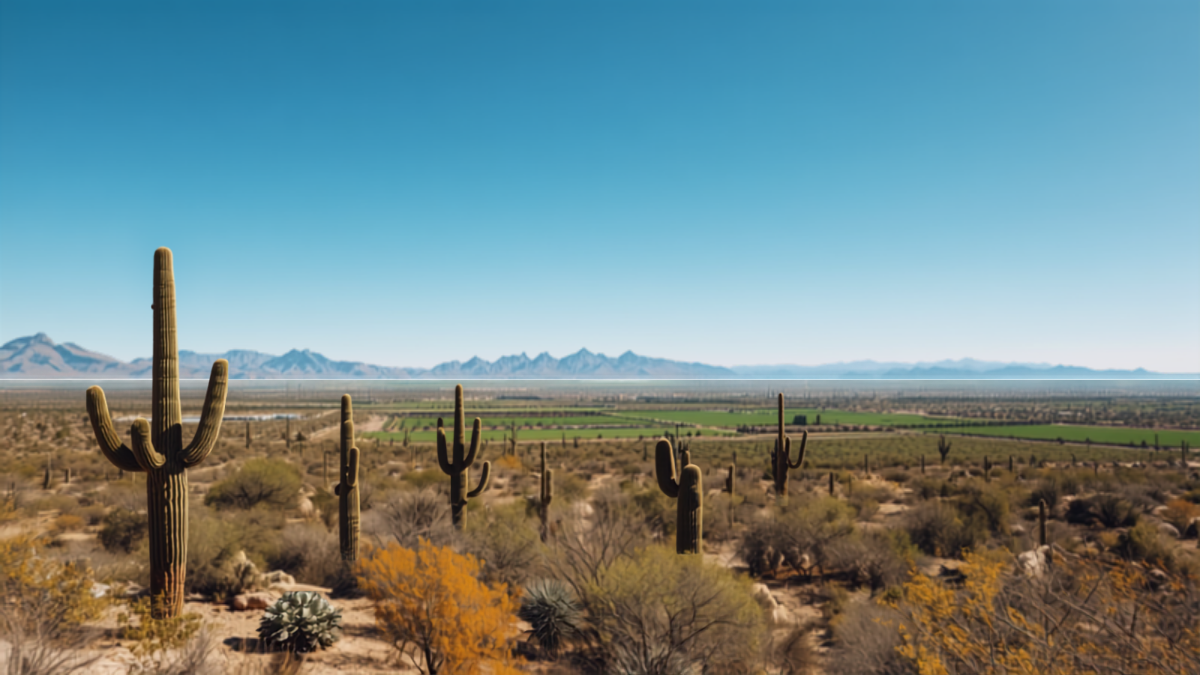 Arizona desert landscape with tall saguaro cacti in the foreground, green agricultural fields, and distant mountain ranges under a clear blue sky near Casa Grande.