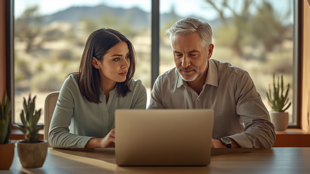 Two business owners reviewing marketing analytics on a laptop in a sunlit office overlooking Arizona desert landscape