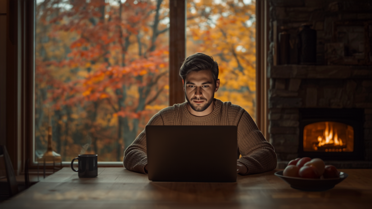 Homeowner using a laptop at a kitchen table next to a lit fireplace with autumn foliage visible outside