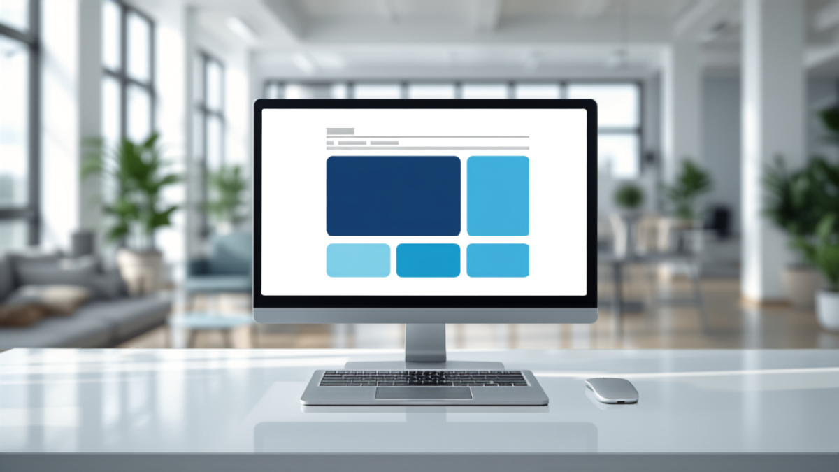 Desktop computer displaying an abstract website layout mockup in a modern office