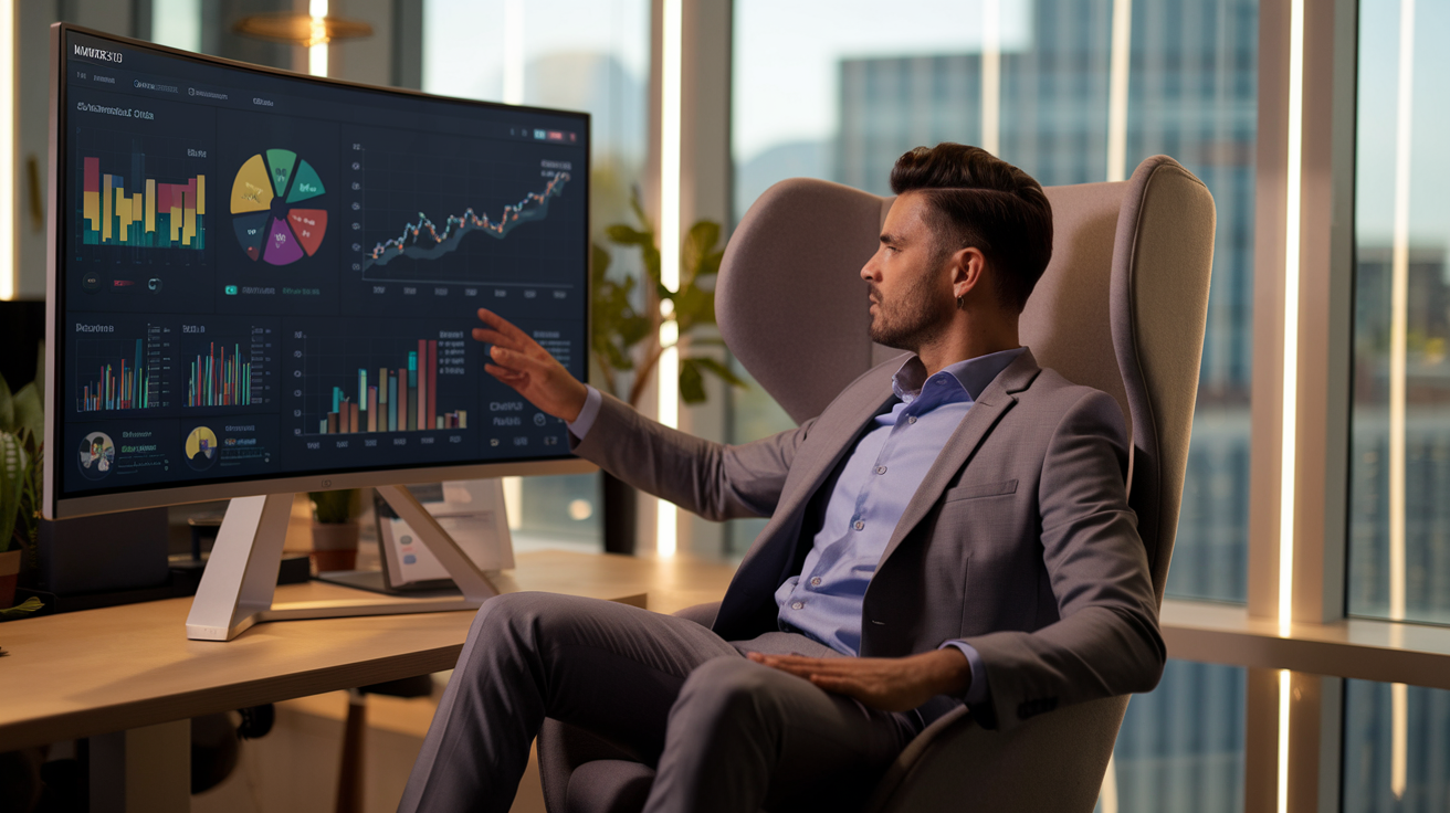 Business owner calculating customer lifetime value and marketing budget at a desk with financial charts