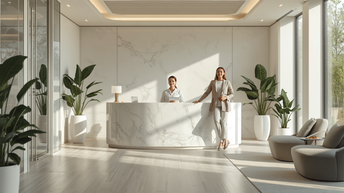 Bright modern dental or med spa reception area with a receptionist greeting a patient at the front desk