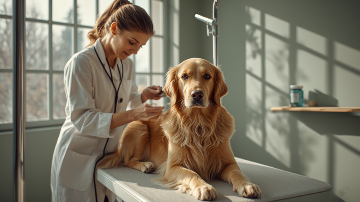 Professional groomer tending to a golden retriever on a grooming table in a bright pet salon