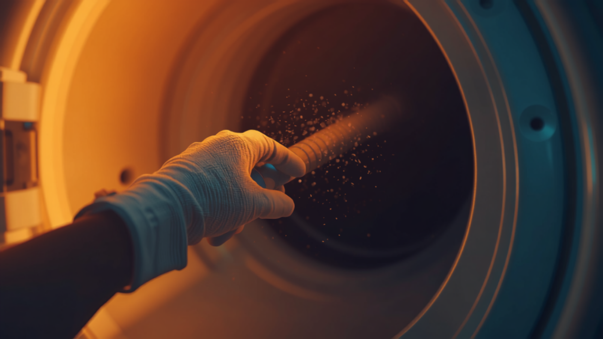 Gloved hand operating a dryer vent cleaning rod inside a residential dryer vent with visible dust