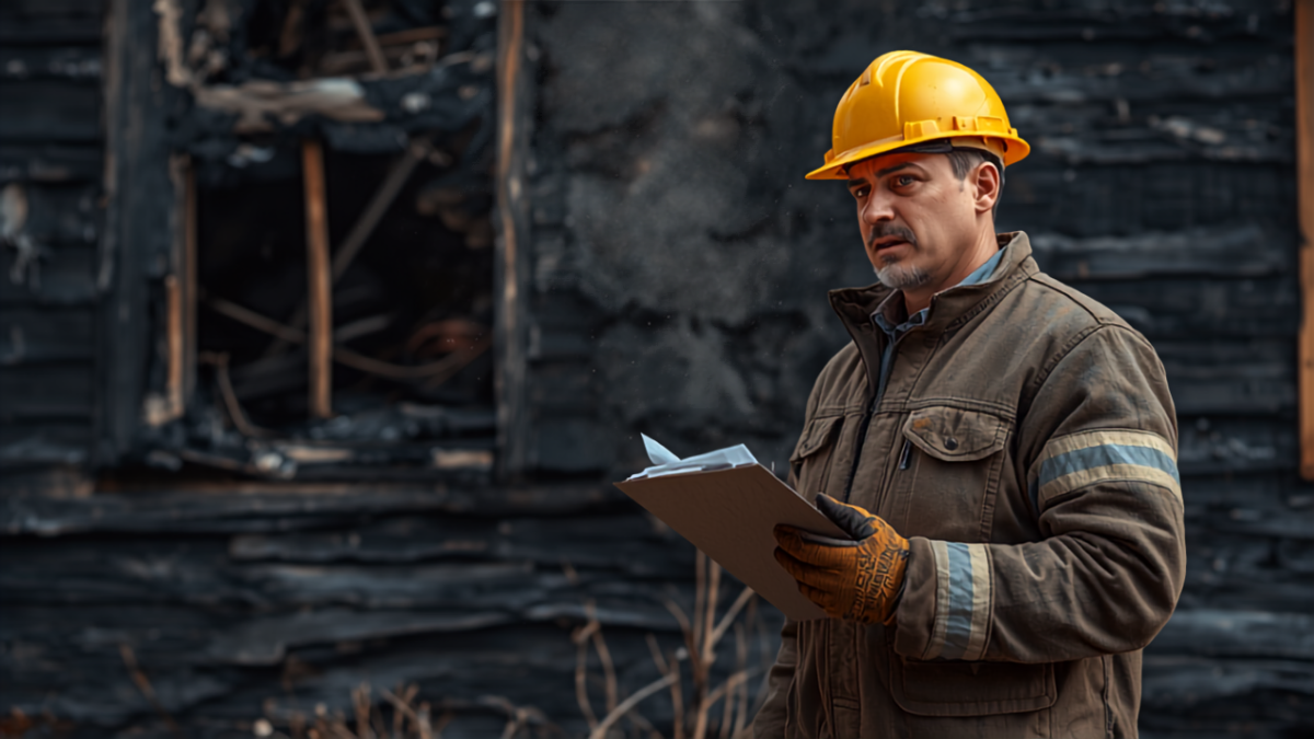 Fire damage restoration contractor in a hard hat reviewing paperwork on a clipboard at a fire-damaged property