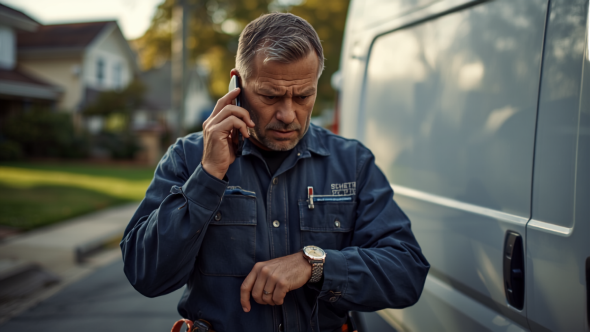 Service business owner in uniform checking his watch while urgently taking a phone call next to his work van