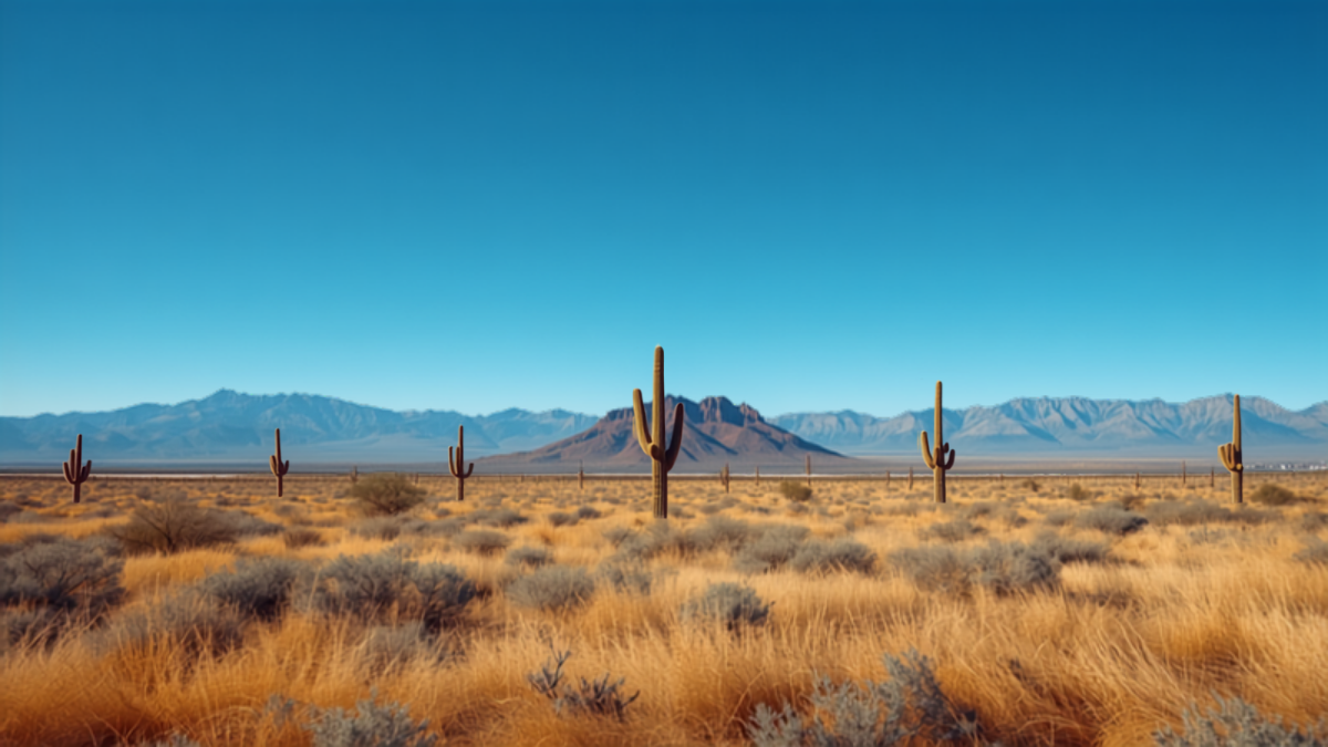 Wide open Arizona desert landscape with scattered saguaro cacti, golden grasses, and distant mountain ranges under a clear blue sky near Florence, Pinal County.