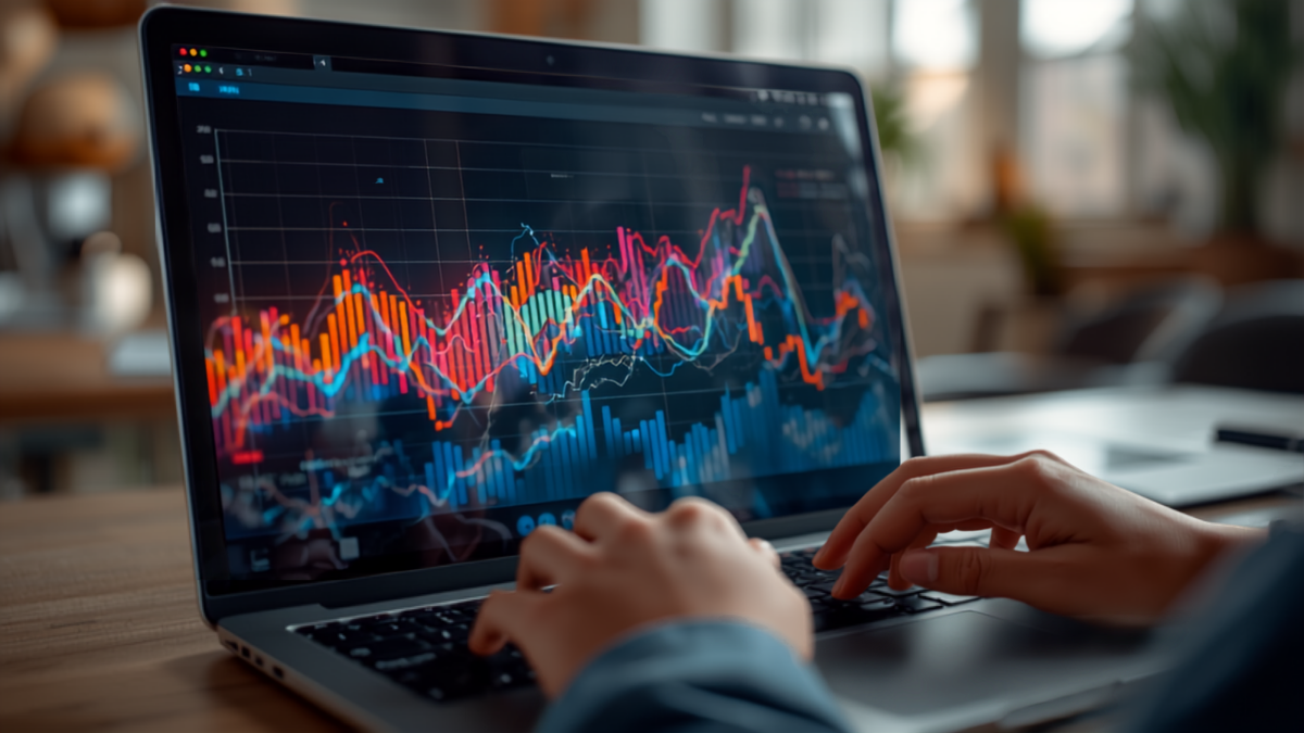 Close-up of hands typing on a laptop displaying a colorful website traffic analytics dashboard