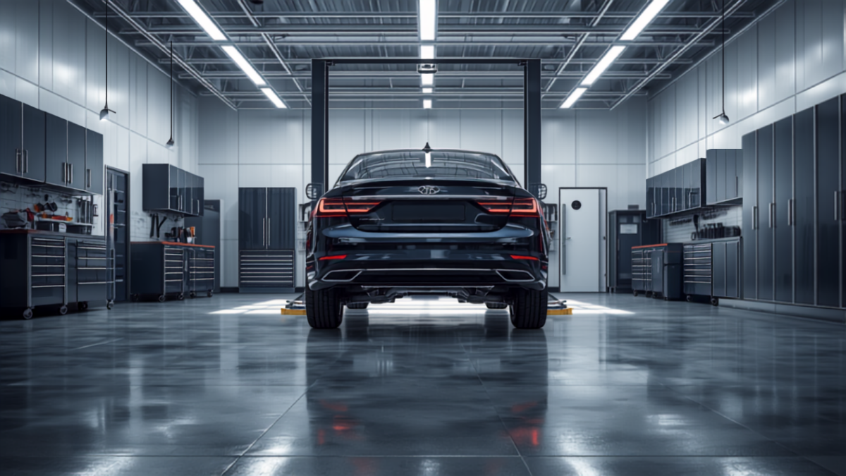 The rear view of a car raised on a two-post lift inside a clean, modern automotive repair shop with organized tool cabinets.