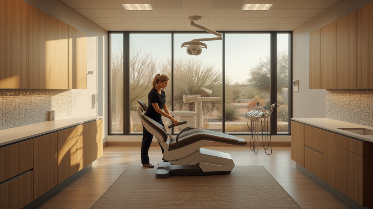 A dental hygienist prepares a treatment chair in a bright modern dental and medspa room with desert landscaping visible through floor-to-ceiling windows.