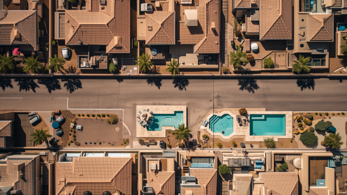 Overhead aerial view of a desert suburban street lined with tile-roof homes and backyard swimming pools.