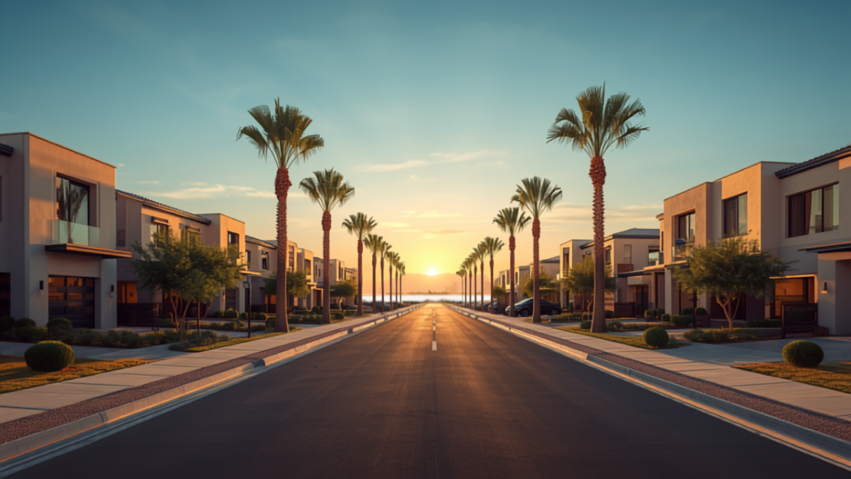 A tree-lined residential street in an upscale Arizona suburb with modern two-story homes and palm trees silhouetted against a golden-hour sunset.
