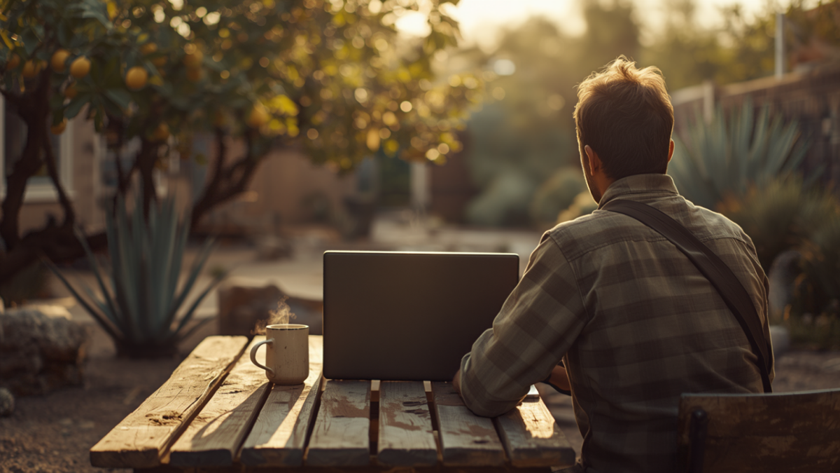 A small business owner seen from behind works on a laptop at a rustic wooden table in a sunlit Arizona backyard with citrus trees and agave plants, a steaming mug of coffee beside him.