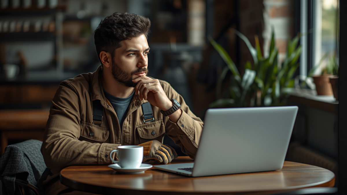 A contractor in a work jacket sits thoughtfully at a coffee shop table with a laptop, a coffee cup and work gloves.