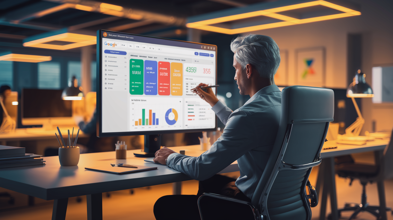 Laptop screen showing Google Ads analytics dashboard with cost per click data