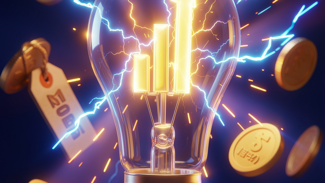 A glowing light bulb crackling with electric energy and a rising-chart filament with coins, illustrating Google Ads cost for electricians