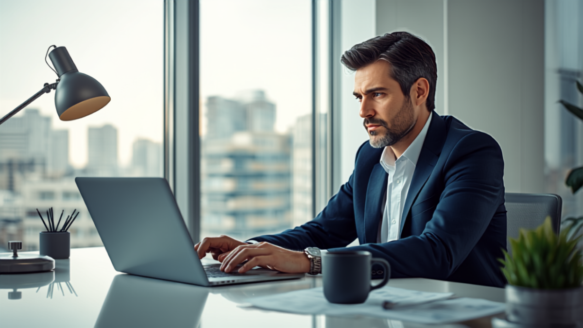 Business owner in a modern office reviewing advertising campaign performance on a laptop