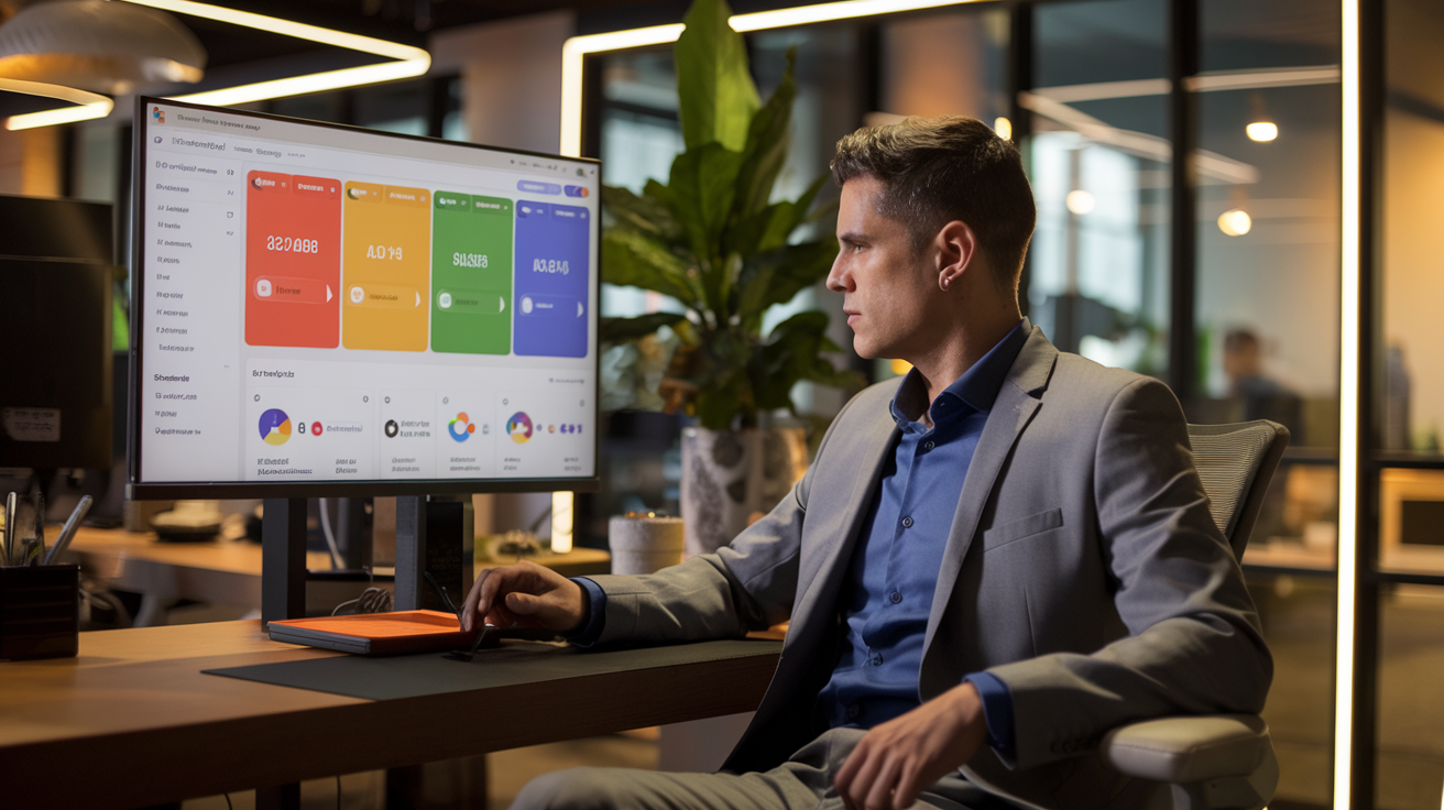 Contractor reviewing Google Ads campaign performance and negative keyword lists on laptop