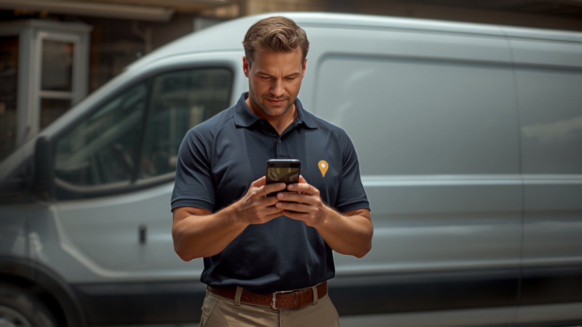Service business owner standing next to a work van checking local search results on his smartphone
