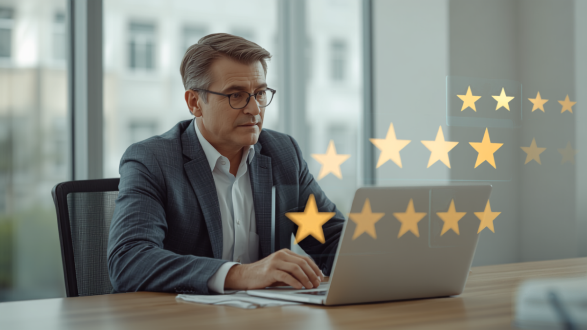 Business owner in an office reviewing star ratings and customer reviews on a laptop