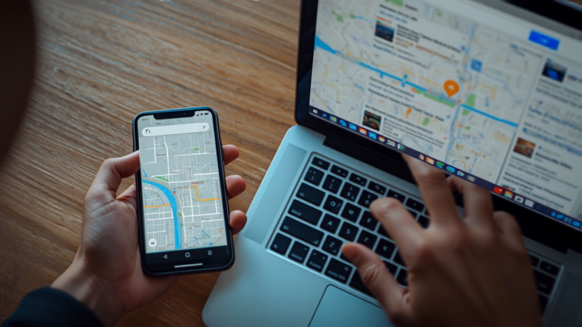 Overhead view of hands checking a local map search on a phone next to a laptop showing map results with location pins