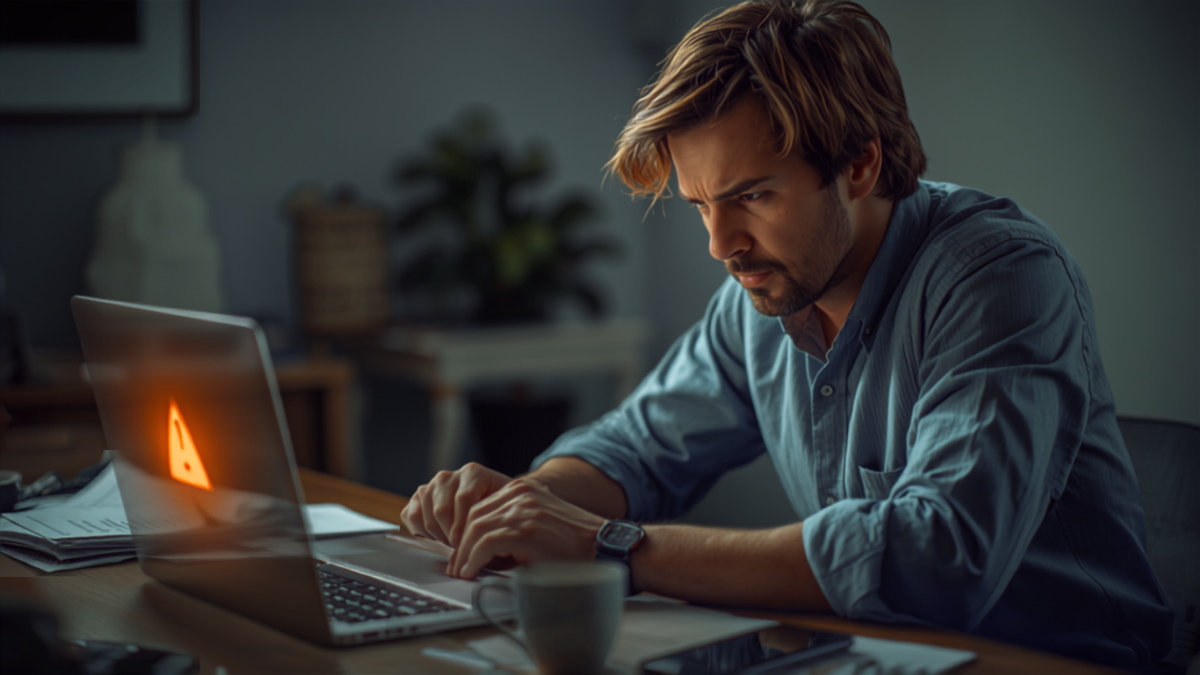 Concerned business owner at a laptop displaying a warning alert icon while reviewing an account issue