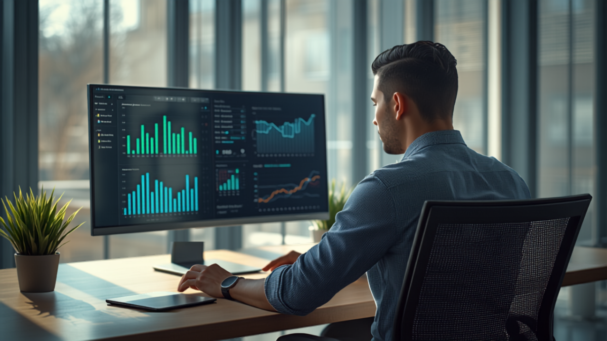 Marketing professional reviewing an advertising performance dashboard with charts and graphs on a monitor