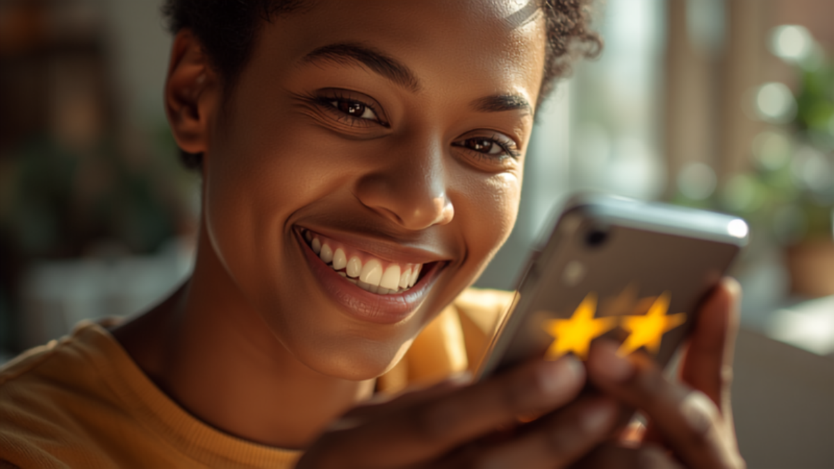 Smiling customer holding a smartphone with a five-star rating being tapped on the screen