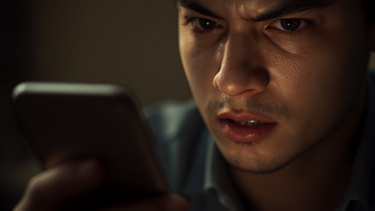 Concerned person closely examining a smartphone screen while checking reviews