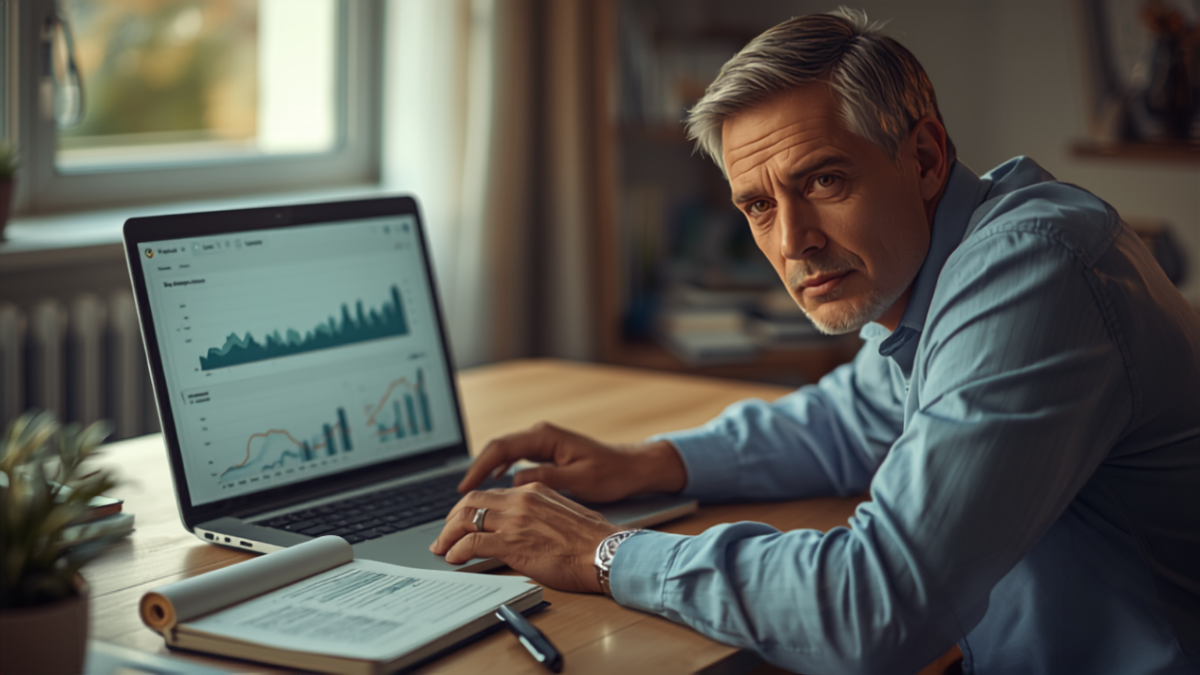 Business owner at a home office desk reviewing website search performance charts on a laptop