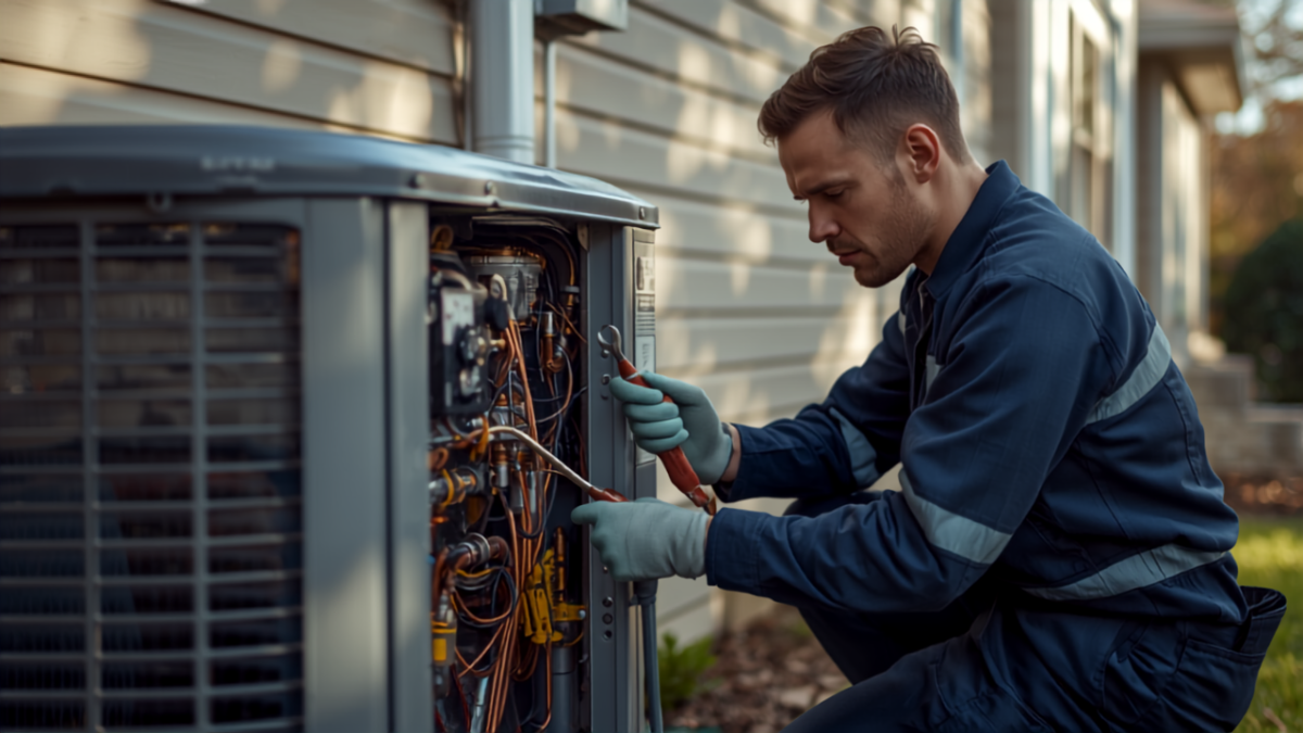 HVAC technician servicing the internal components of an outdoor heat pump unit beside a home