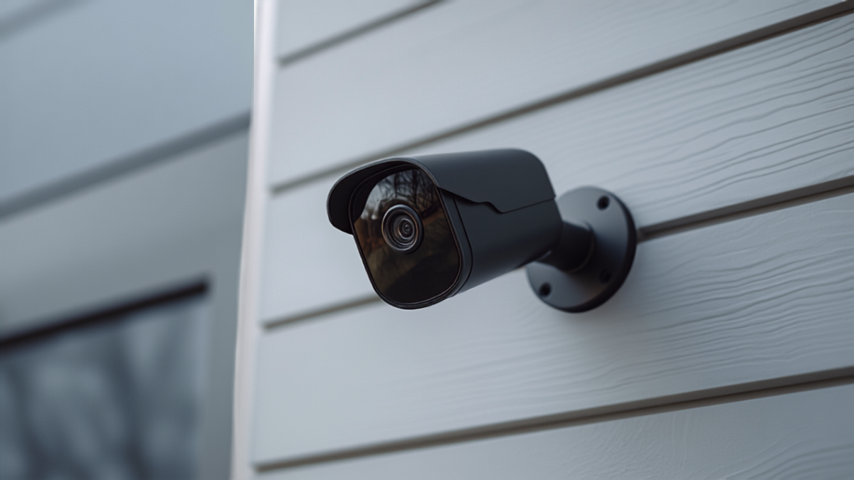 Close-up of a modern security camera mounted on the exterior siding of a residential home