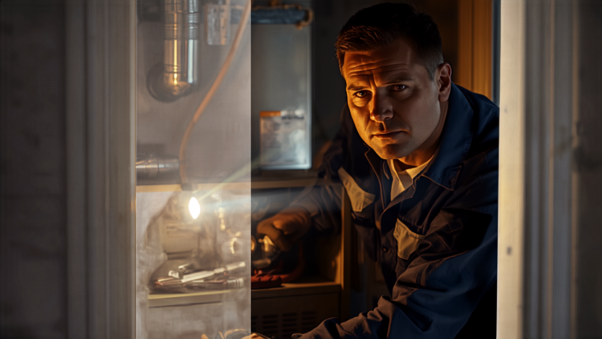 HVAC technician inspecting a residential furnace unit in a utility area before winter