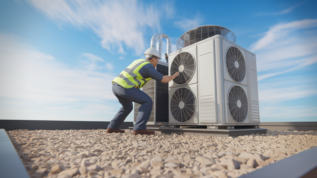 HVAC technician performing a seasonal maintenance inspection on an air conditioning system