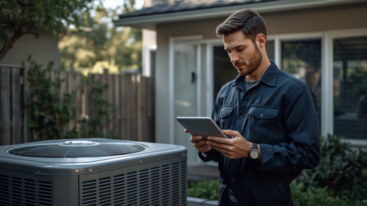 HVAC technician standing beside an outdoor unit while reviewing job details on a tablet